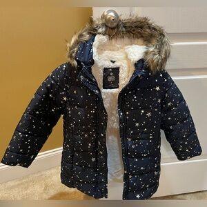 Girl’s Starry Night Puffer Jacket with Faux Fur Trim